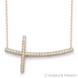 Curved Sideways CZ Crystal Cross & Chain Necklace in .925 Sterling Silver YGold